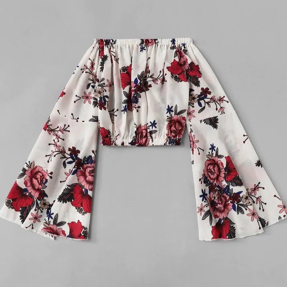 Floral Tiered Bell Sleeve Off Shoulder Crop Top - Picture 12 of 16